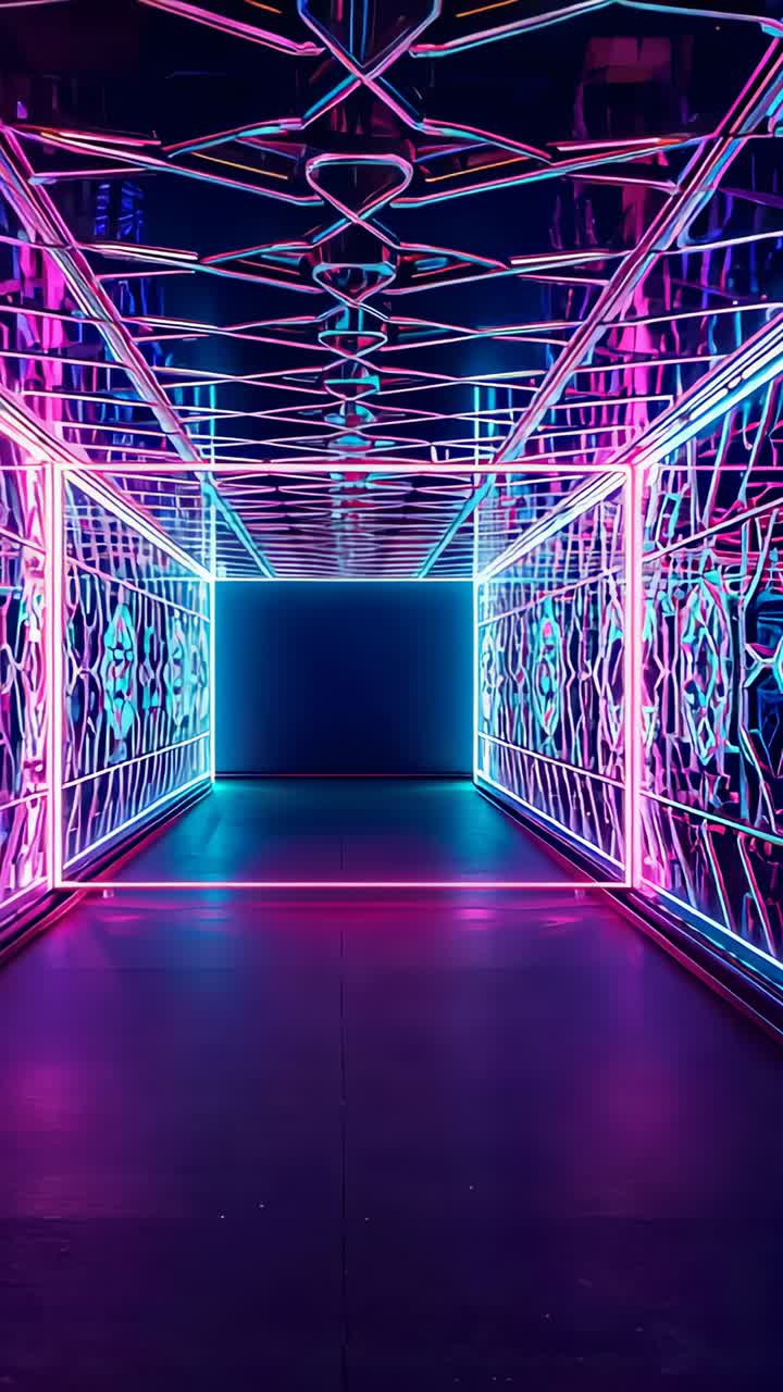 Video verticale: segnale di ingresso che spinge la fotocamera in un tunnel al neon a un'esposizione, rivelando una cornice rettangolare al neon