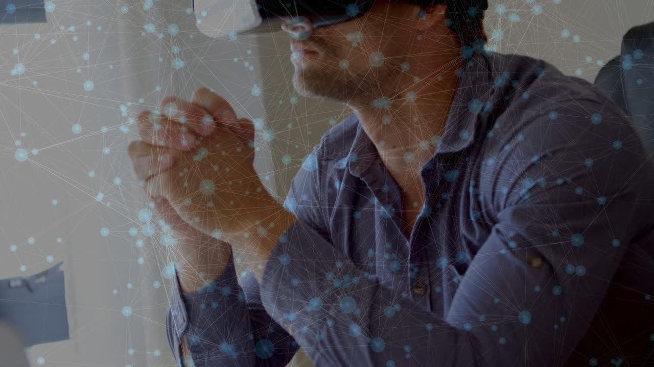 vr 헤드 ⁇ 을 착용한 백인 남성의 연결 네트워크의 애니메이션