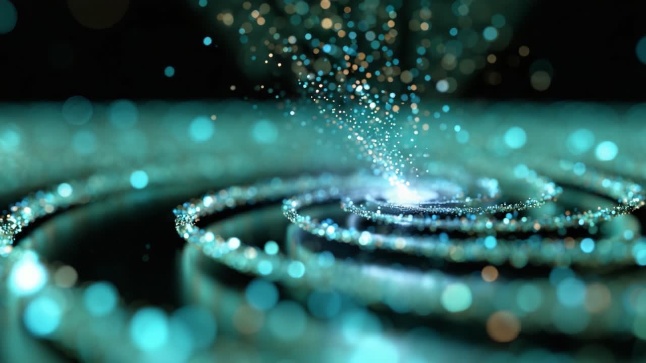 Un'ipnotica spirale cosmica di particelle scintillanti emerge da un nucleo, illuminando l'oscurità con tonalità vibranti, creando uno spettacolo visivo mozzafiato