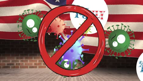 Animation-of-no-entry-sign-over-the-4th-of-july-text,-covid-19-cells-and-american-flag
