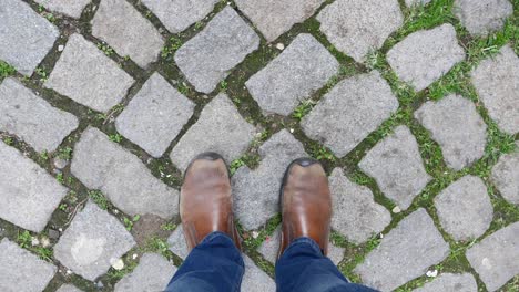 person walking on a cobblestone street