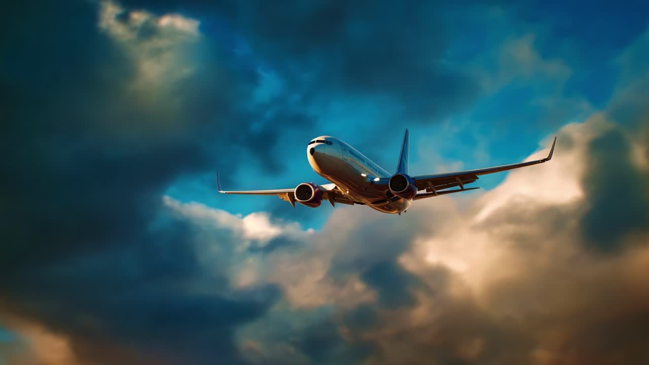 Un elegante aeroplano che solca le nuvole dinamiche, catturando la bellezza del volo sullo sfondo vibrante di un meraviglioso cielo al tramonto