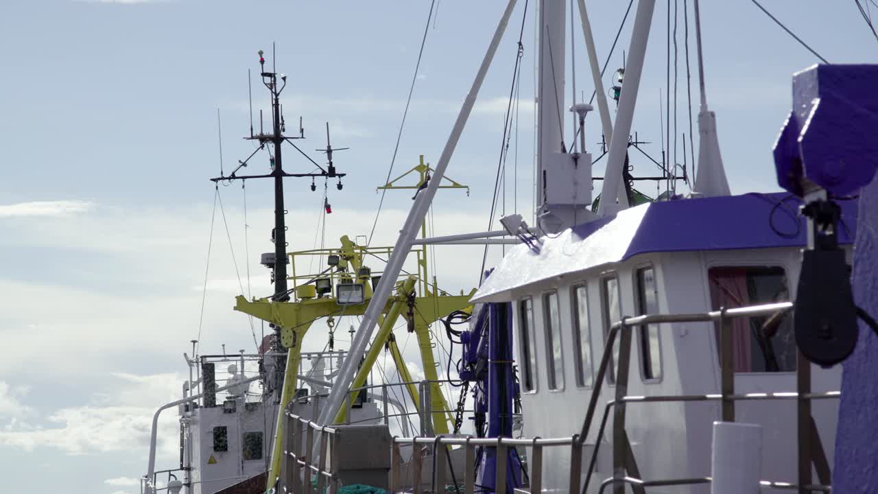 amarre remolcador de barcos de arrastre cabina y mástil enjambre de moscas en un brillante día de verano, estático, primer plano