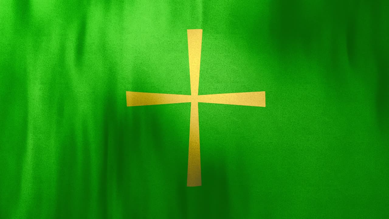 Bandera ondeante en bucle a pantalla completa de la Cruz Cristiana Bizantina sobre fondo verde