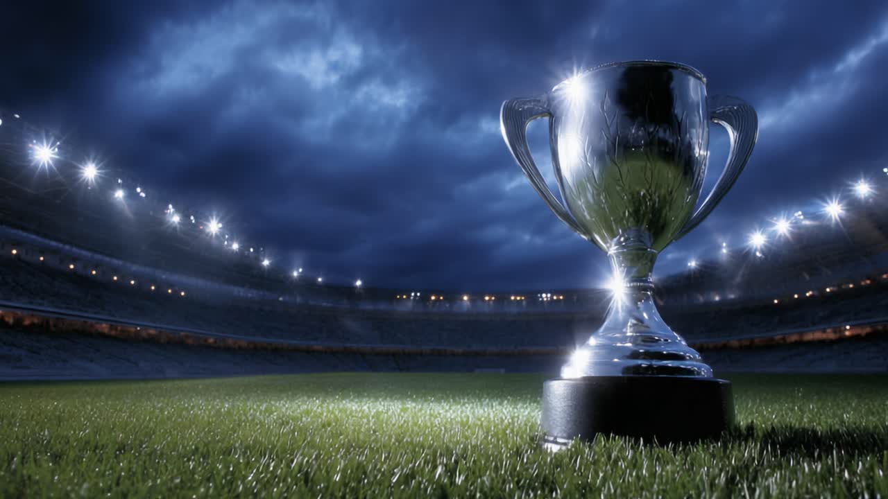 Shining Champion Trophy on the Field Under Dramatic Night Sky Illuminated by Stadium Lights, Symbolizing Victory and Achievement in Sports