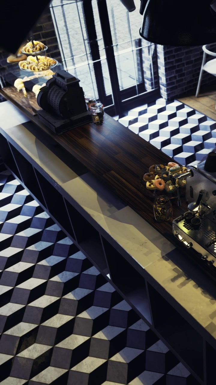 Kafe populer dengan makanan panggang dan desain modern di lingkungan perkotaan