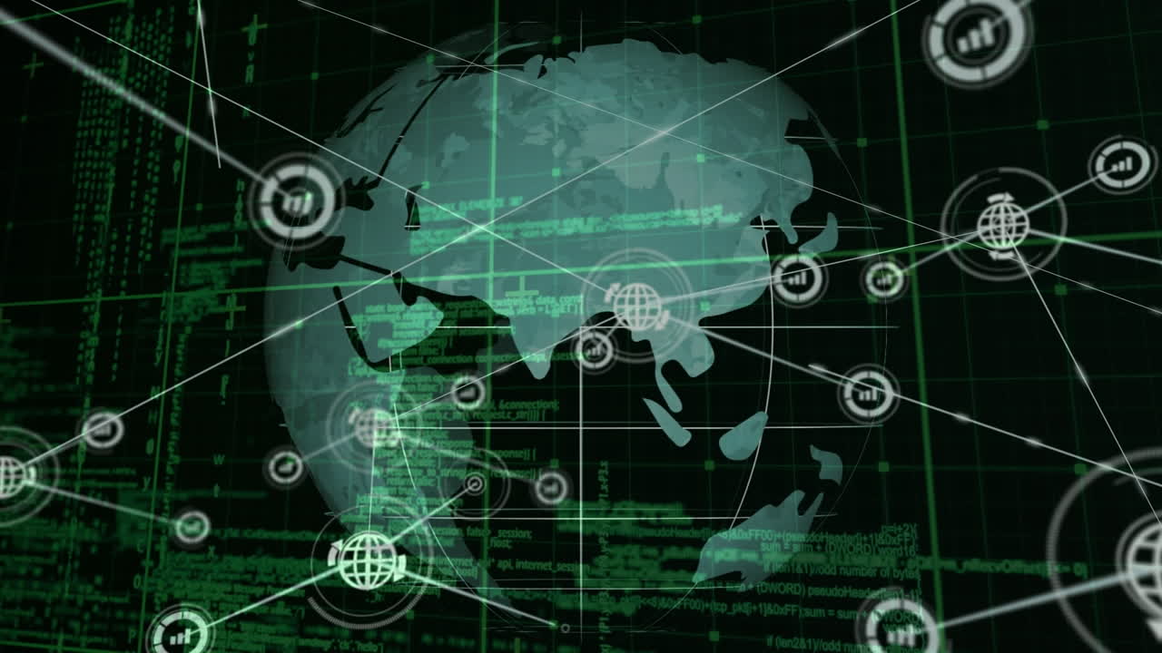 animación de la red de conexiones con iconos sobre el globo y la cuadrícula