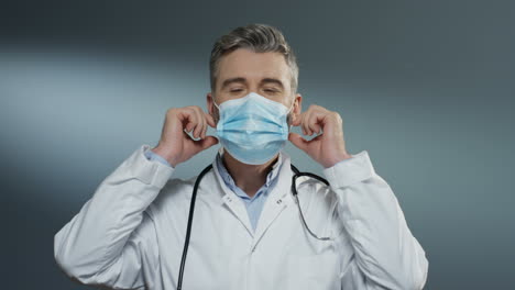 portrait of the joyful handsome male doctor taking off blue mask from his mouth and smiling to the camera