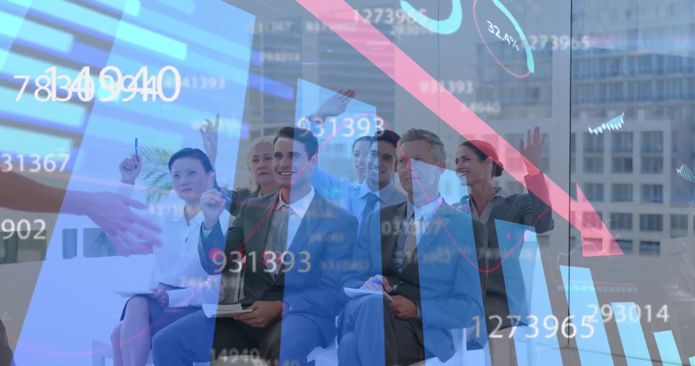 Animação de processamento de dados financeiros e seta sobre diversas pessoas de negócios em um escritório.