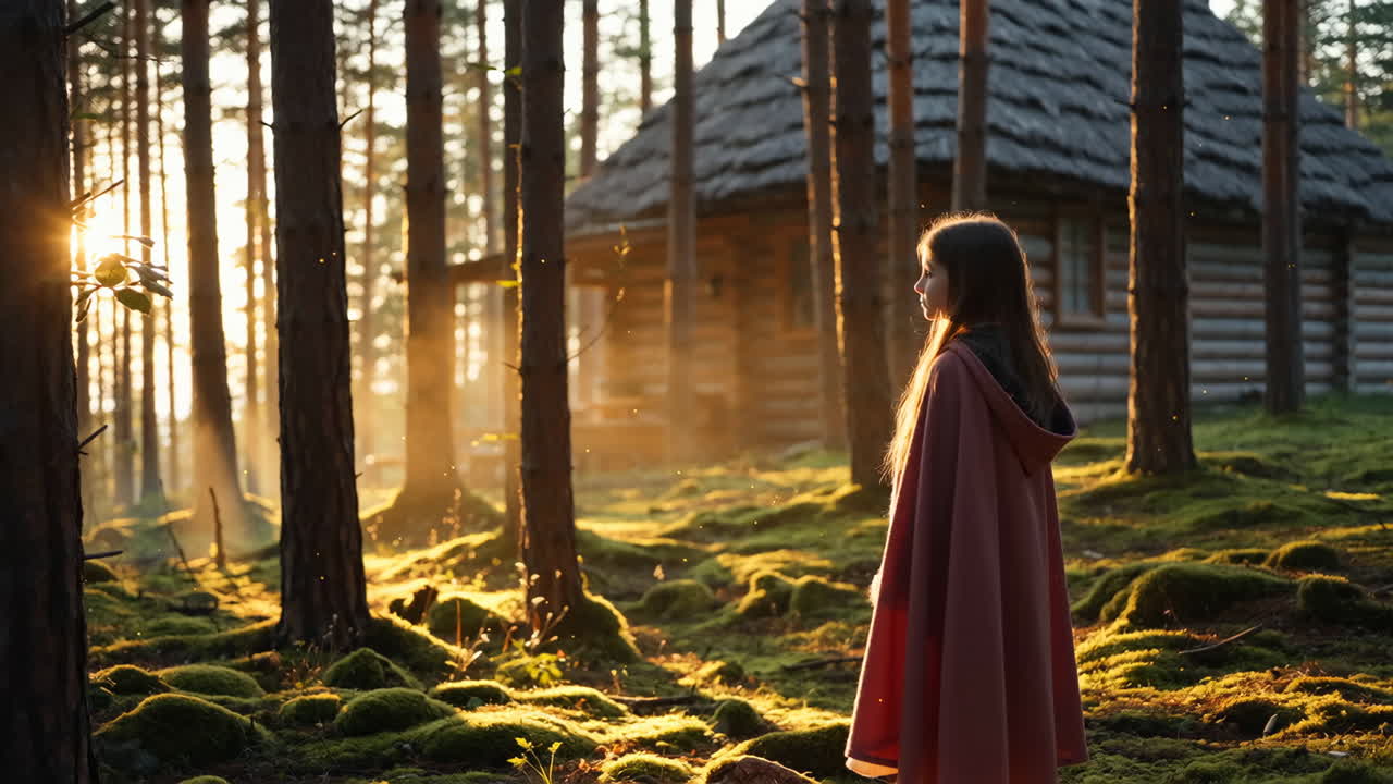 A girl in a red cloak stands in a sunlit forest with a rustic cabin
