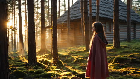 a girl in a red cloak stands in a sunlit forest with a rustic cabin