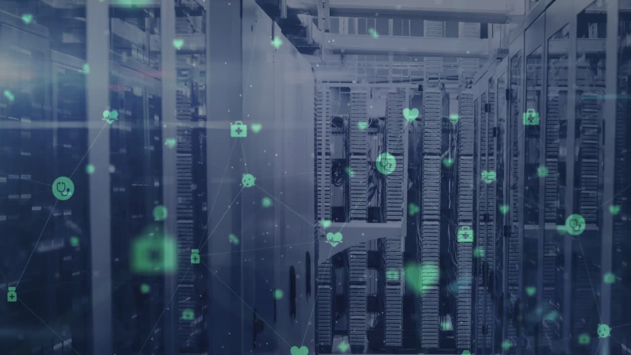 Animation of data processing and network of connections over server room