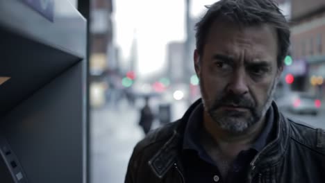 a gritty urban scene capturing the tension of a man in a leather jacket at an atm, evoking suspense and a intriguing narrative in a city landscape