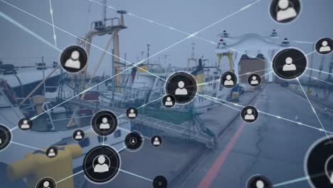 Animation-of-profile-icons-connected-with-lines-and-drone-flying-over-cargo-ships-moored-at-port
