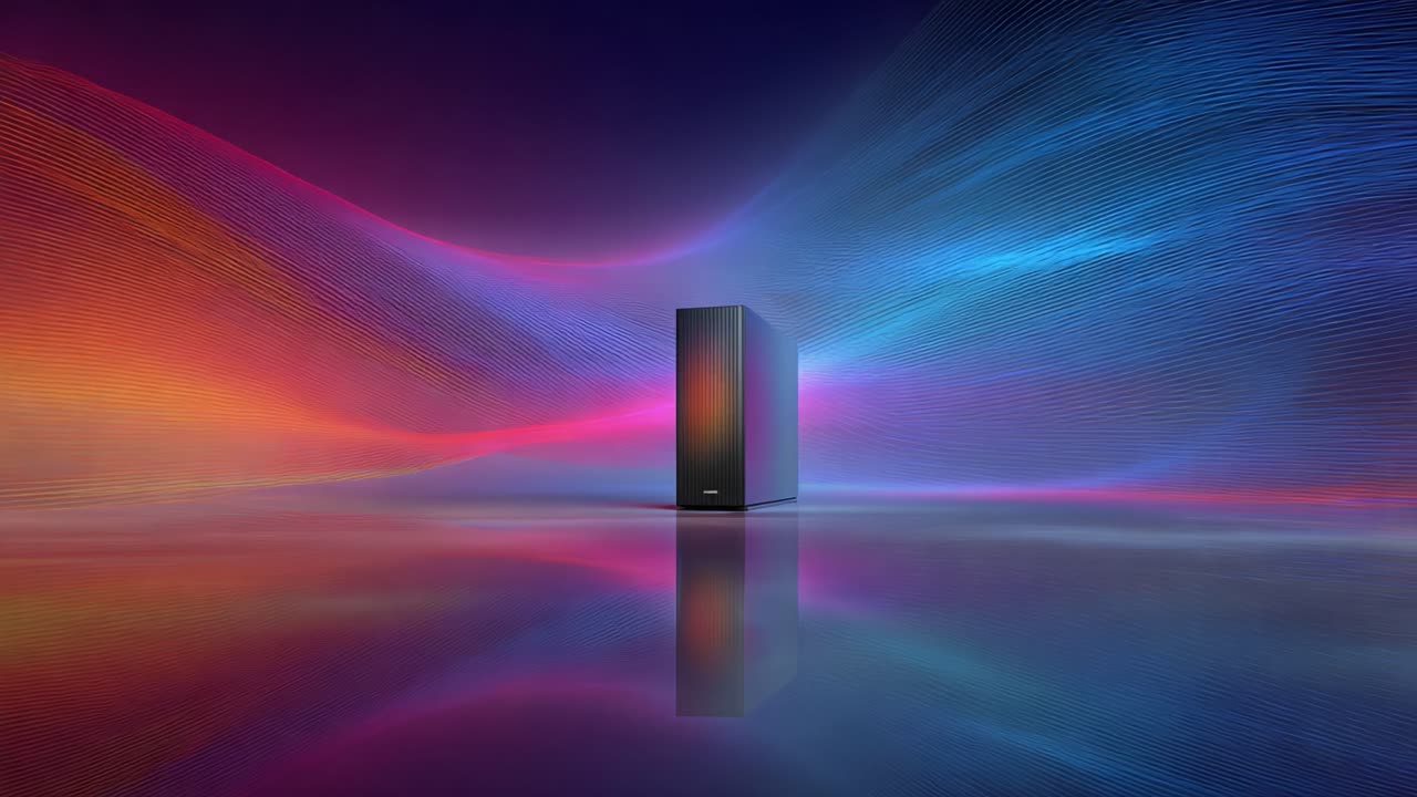 A Stunning Display of Light: A Dazzling Colorful Spectrum Illuminating an Elegant Computer Tower Against a Vibrant Digital Background