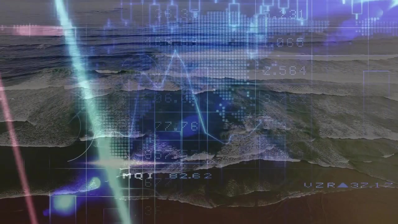 Finance data visuals tracing neon lines over coast, pulsing markers and visualizing market trends