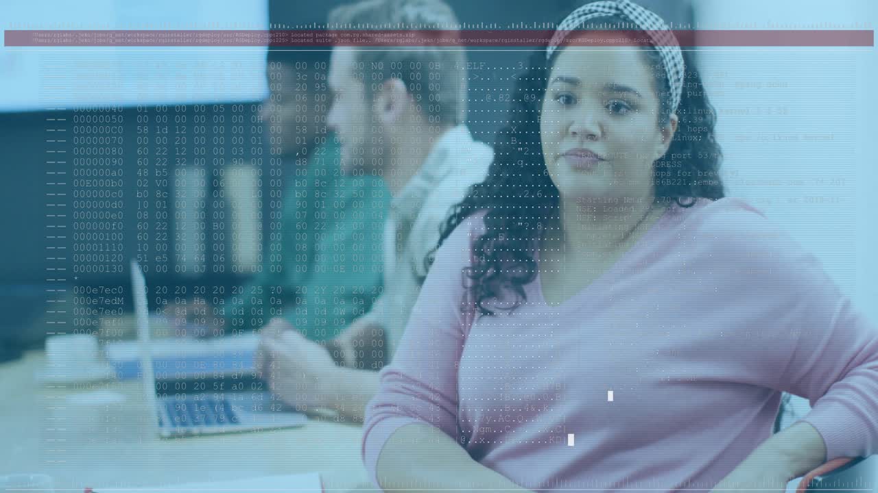 Female speaker leaning forward in business meeting, answering question while data-overlay emerging