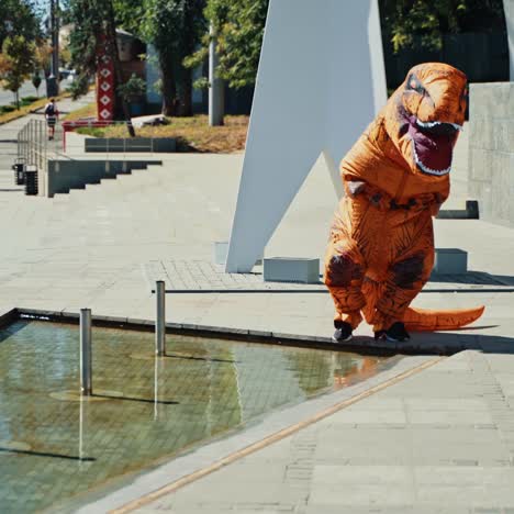 funny dragon in the city. unrecognizable person dressed in dragon costume having fun outdoors. happy lifestyle.