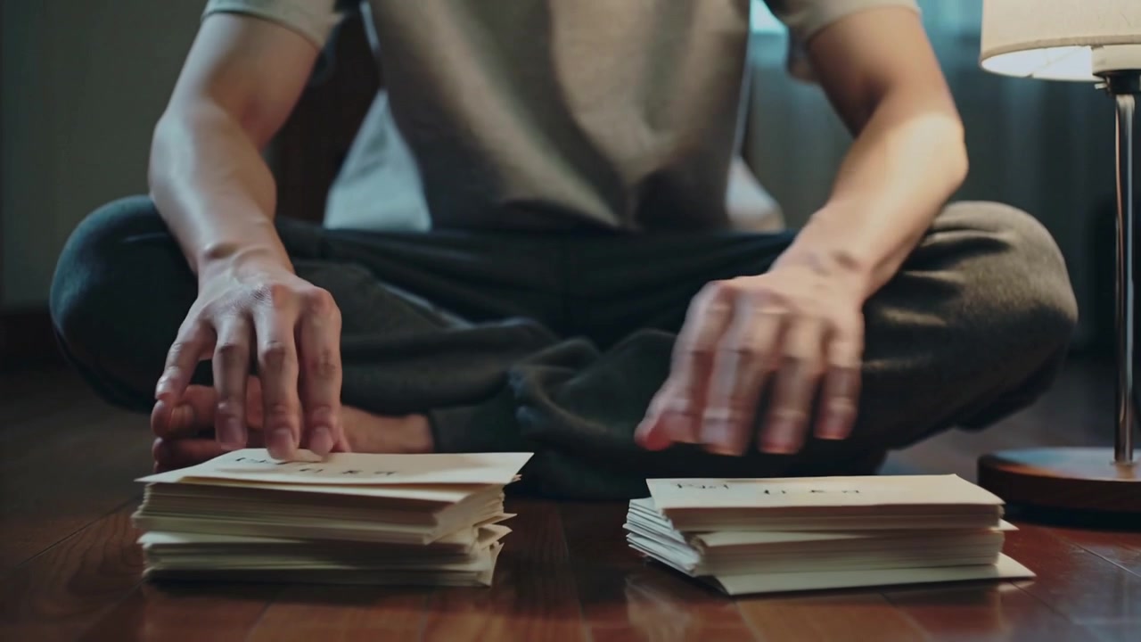 Young Man Sorting Through Stacks of Cards on the Floor