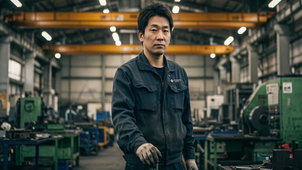 In a bustling industrial workshop, a skilled worker stands focused amidst machinery and tools. Dressed in dark work attire, he holds a tool, indicating his role in precision tasks. The workspace is filled with various equipment, reflecting a dedicated atmosphere of craftsmanship. The environment is 