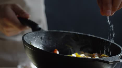 close up of chef hand holding hot pan and adding salt to it with other hand