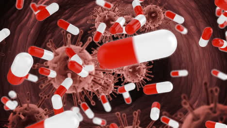 animación digital de iconos de píldoras médicas que caen contra múltiples células de covid-19