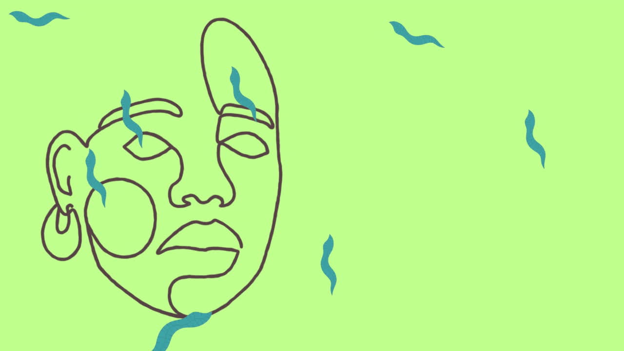 Animation of woman face over falling blue shapes on green background ...