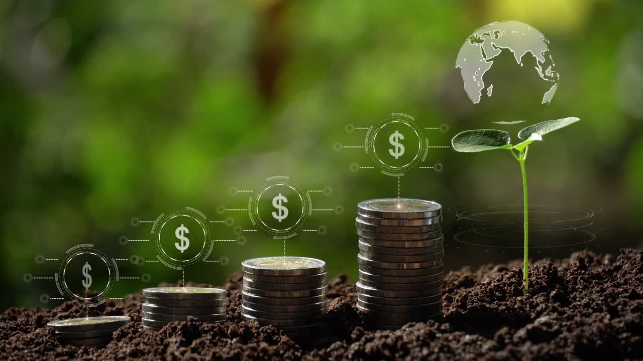 signo de dólar en árbol pequeño y pila de monedas concepto de crecimiento del negocio. fondo de holograma de signo de dólar.