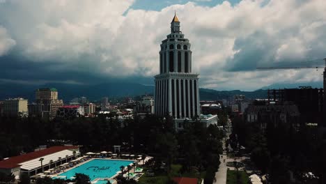 aerial view of flying drone in european square in batumi, georgia during cloudy day
