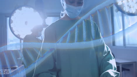 Animation-of-dna-strand-over-diverse-surgeons-in-hospital