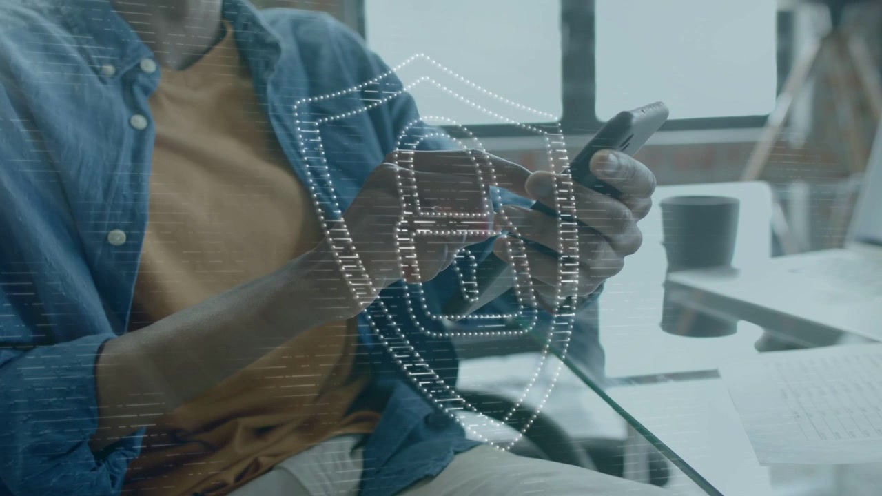 Man tapping smartphone on glass desk, causing dotted shield lock overlay to grow, securing data
