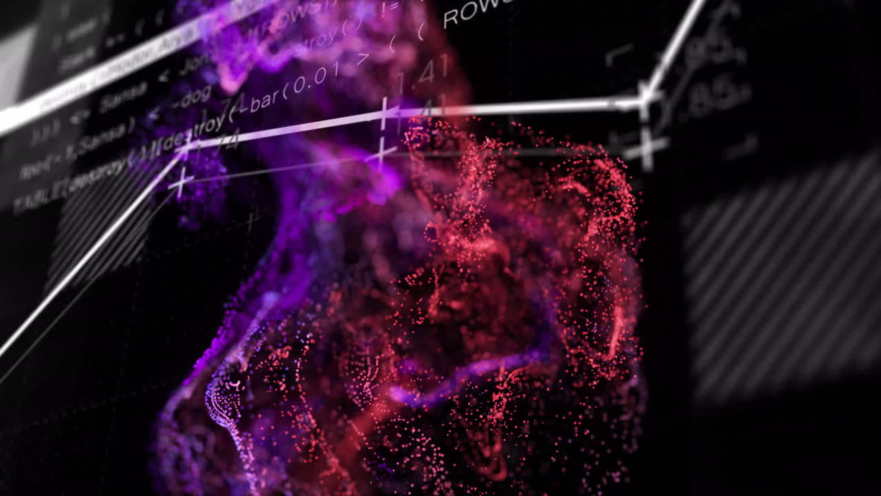 Abstract data visualization and graph animation over colorful particle cloud