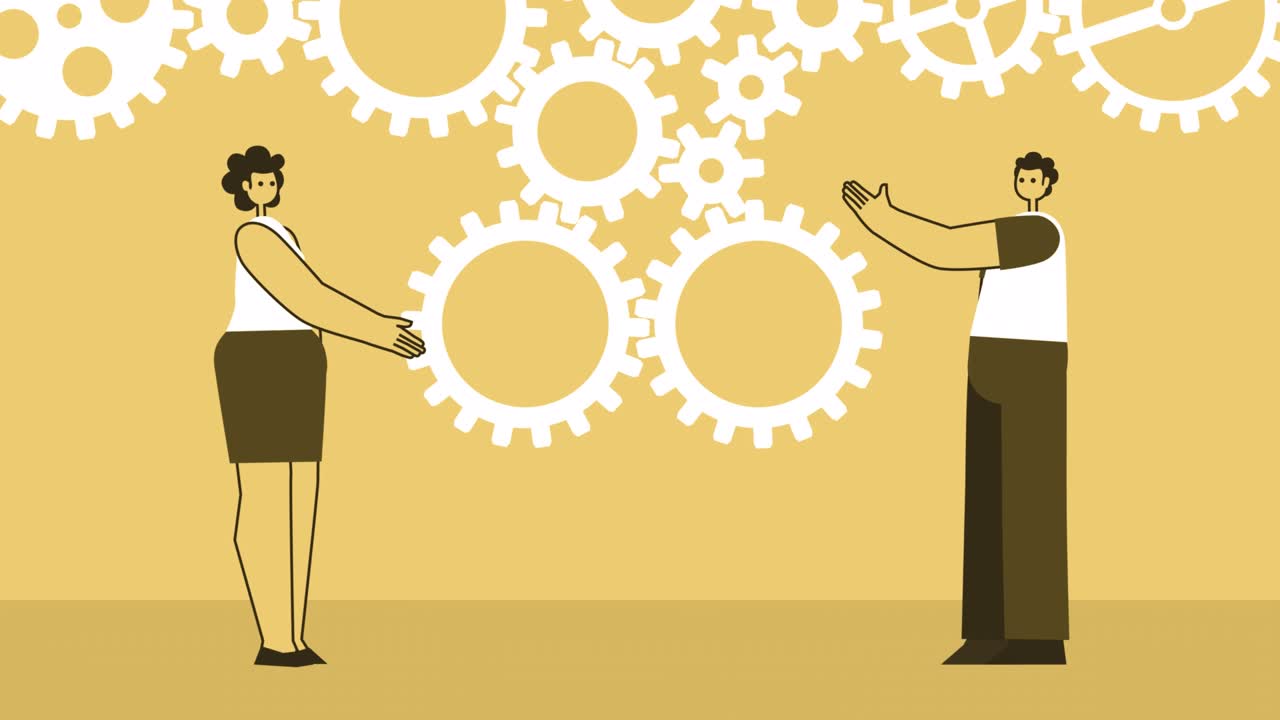 노란색 스타일의 남자와 여자 평평한 캐릭터는 기어 시스템을 회전시니다. 알파 채널과 함께 고립된 루프 애니메이션