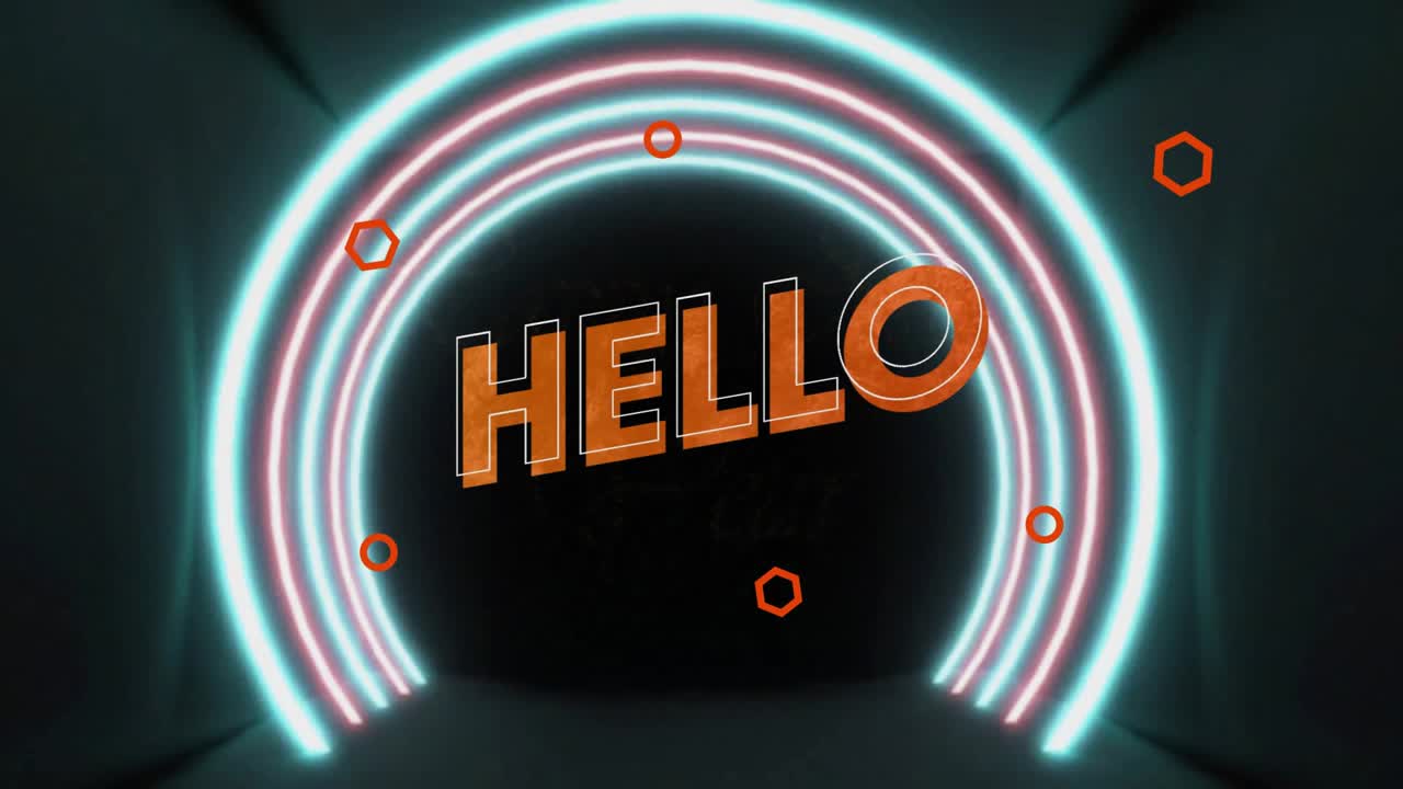 Neon arches sliding behind 3D HELLO text, orange shapes orbiting and pulsing to showcase branding