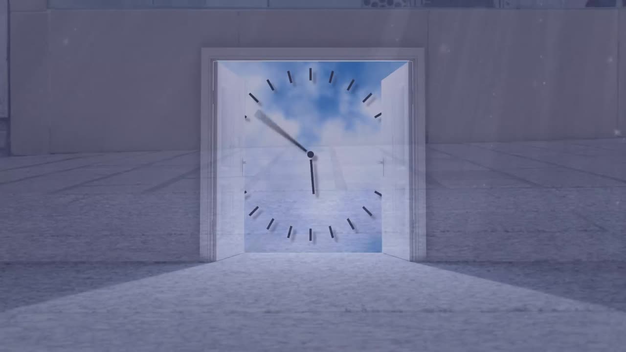 Animation of clock moving over people walking and door
