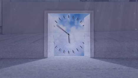 animation of clock moving over people walking and door