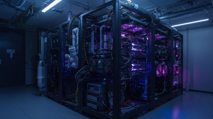 A High-Tech Data Center Featuring Advanced Server Racks Illuminated by Colorful LED Lights, Showcasing Complex Wiring and Cutting-Edge Computing Equipment