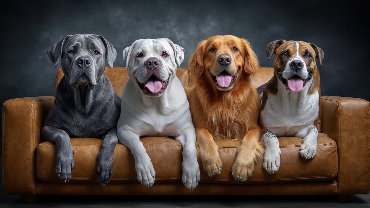Group of four different large breed dogs sitting together on a brown leather sofa in a studio
