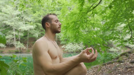 young man meditating in the forest.
