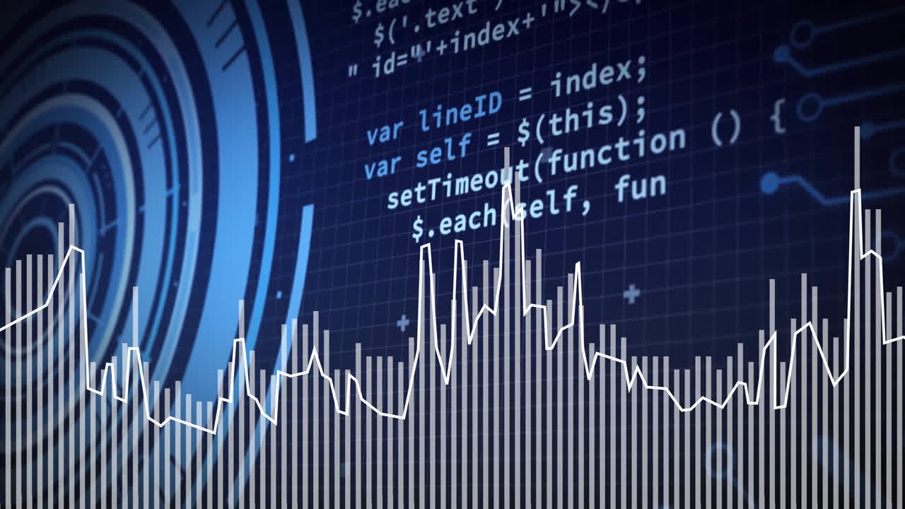 Showing data visualization with vertical bars and white line graph, featuring blue rings