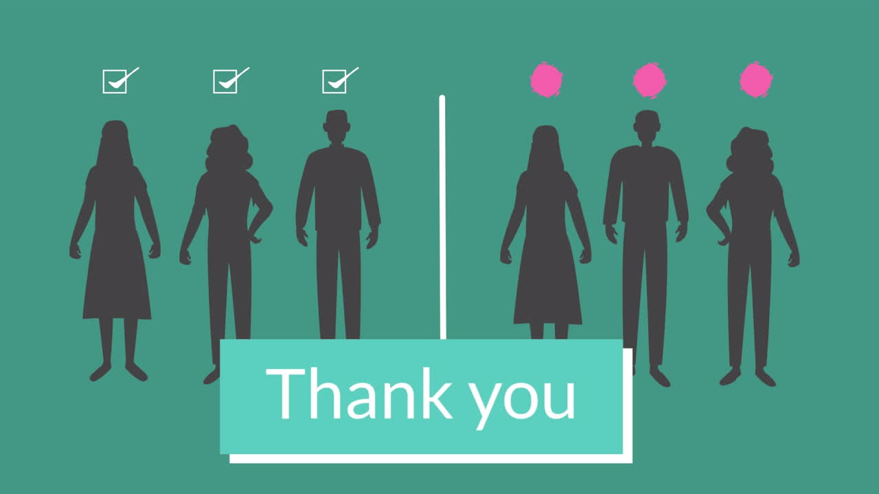Animation of people silhouettes with pink dots and ticks with division on green background