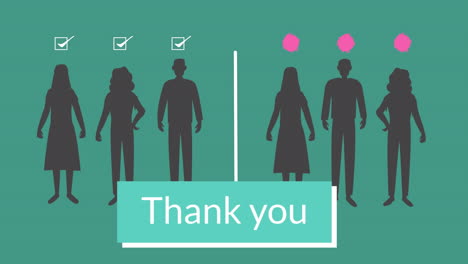 animation of people silhouettes with pink dots and ticks with division on green background