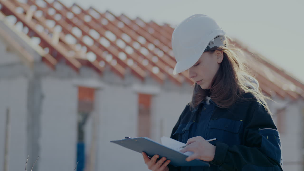 Lockdown shot of confident young female architect wearing white hardhat while writing on clipboard against incomplete construction site on sunny day