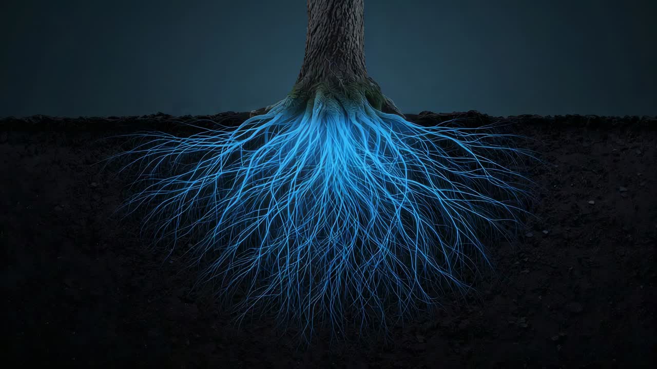Lighting up tree trunk and root collar, blue filaments spreading downward from cluster in soil