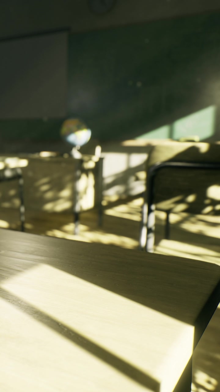 Sunlight streams through a classroom creating patterns on desks and chairs