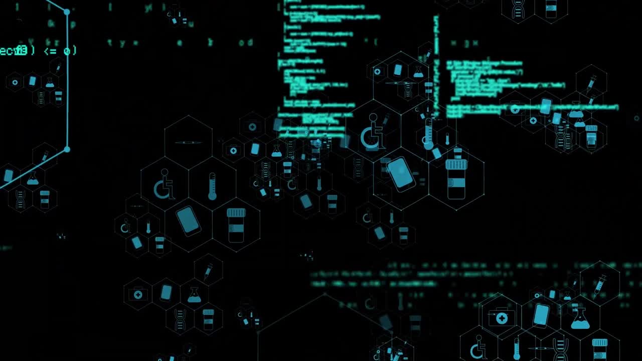 Animation of medical icons and data processing on black background