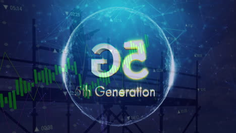 animation of 5g, 5th generation text in circle, graph, connected dots, silhouette of standing man