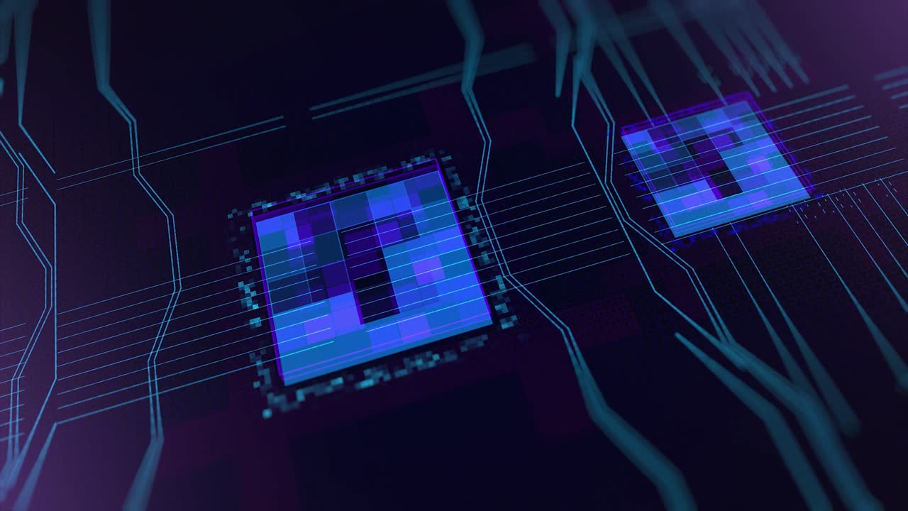 fondo de placa de circuito futurista abstracto con chips brillantes