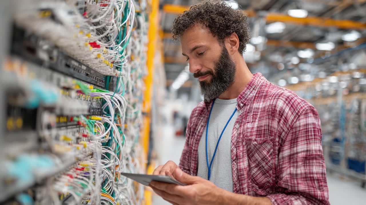 A technician meticulously checking data cables and connections in a technological environment while utilizing a tablet for enhanced troubleshooting and management