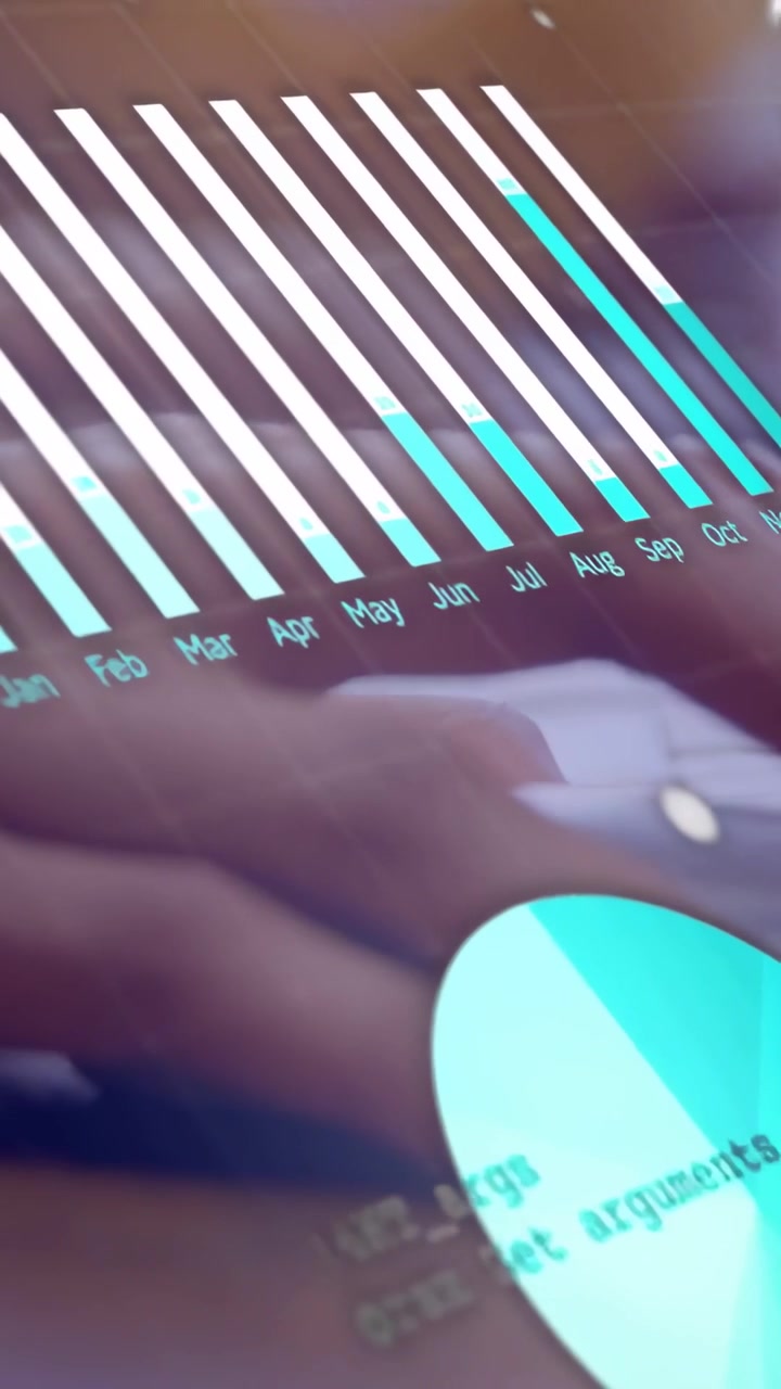 Vertikal video: Hånd taster på hvide taster, mens gennemsigtige diagrammer viser finansmåneder